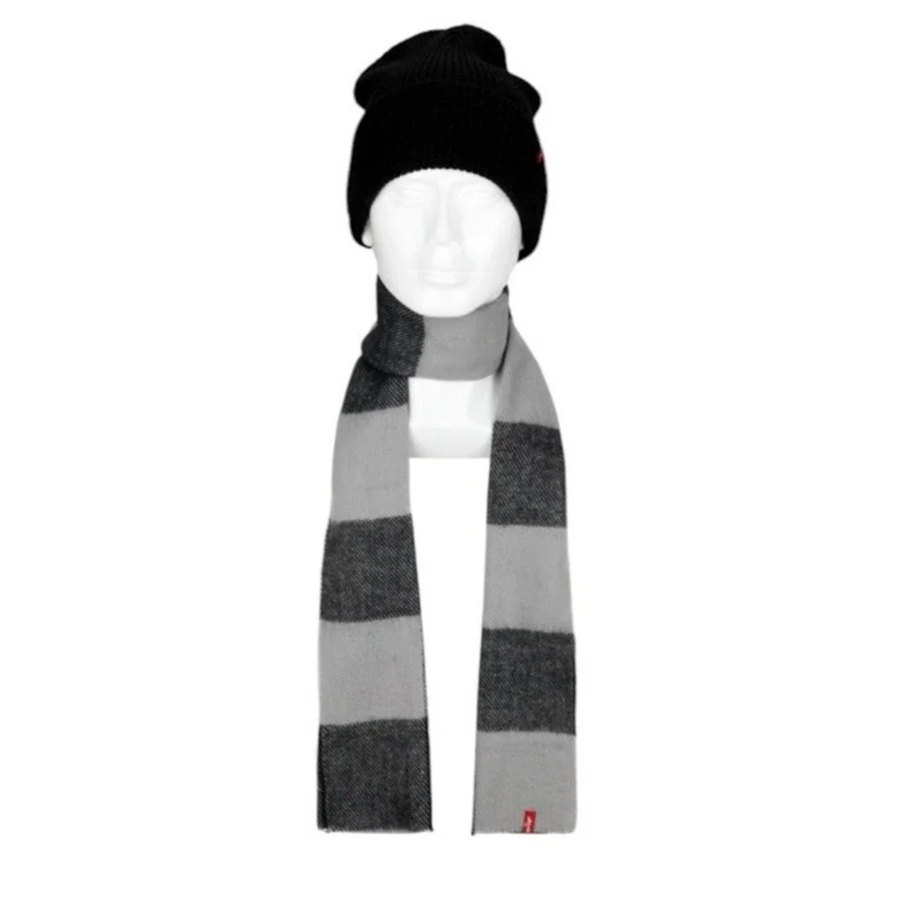 NWT Levi's Men's Black Waffle Beanie & Woven Buffalo Black Gray‎ Plaid Scarf Set